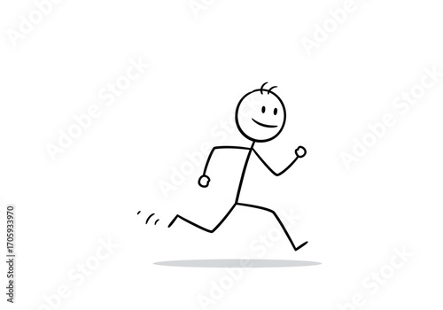 A black stick figure with a smiling face runs forward on a white background casting a gray shadow