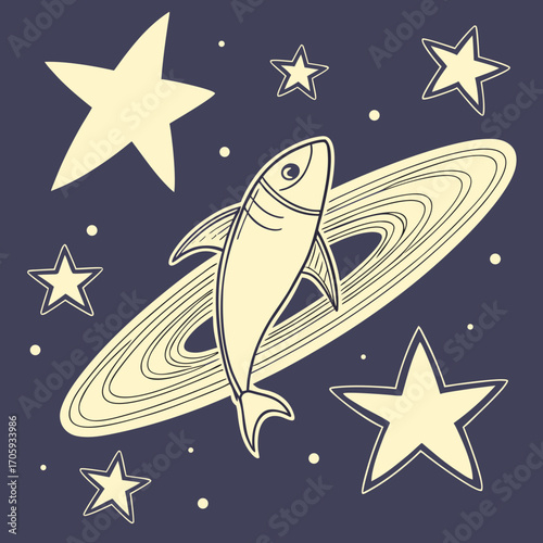 Whimsical cartoon fish swims through outer space past saturn rings and glowing stars