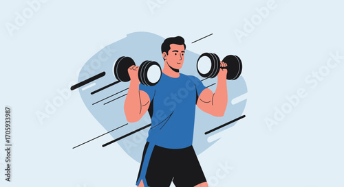Man Building Muscle Using Dumbbells Depicted With Vector Graphics and Vibrant Color Scheme