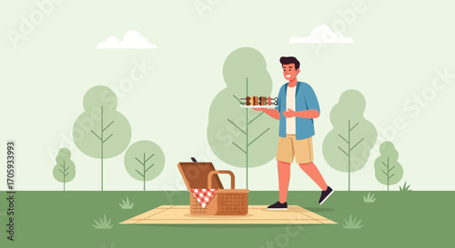 Man Bringing Kebab And Basket At A Picnic In Nature With A Cheerful Delightful Mood