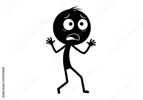 A black stick figure with wide eyes and an open mouth expressing fear