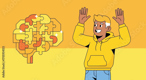 Man Celebrates The Completion Of A Brain Puzzle, Representing Innovative Thinking