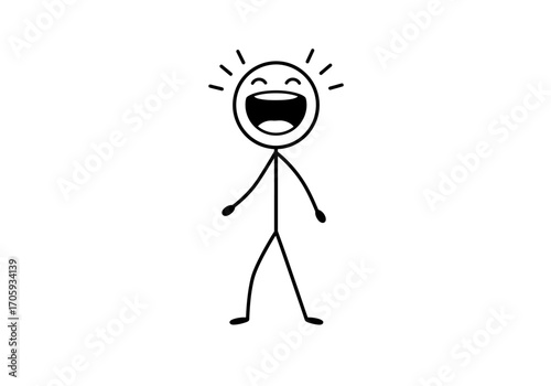 A simplistic stick figure with a round head large open mouth and radiating lines expresses joy