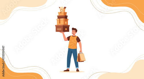 Man Carrying Boxes and Shopping Bags, Illustrating Consumerism and Purchases Easily
