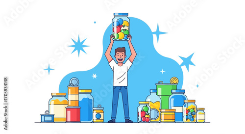 Man Celebrating Abundance Of Colorful Preserved Food And Supplies For Resourcefulness Plans