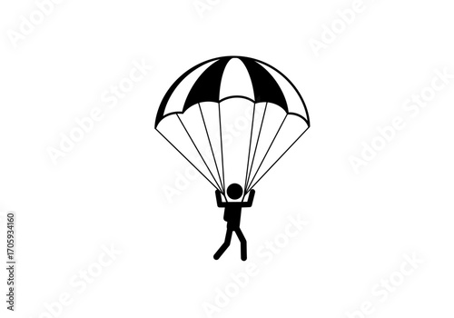 A skydiver descends with a striped parachute