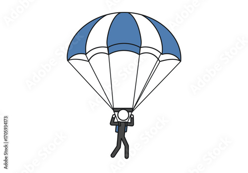 A skydiving stick figure with a blue and white parachute