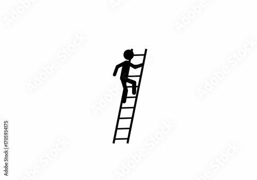 A stick figure climbs a black ladder with seven rungs against a stark white background