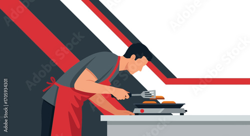 Man Cooking Burgers On A Griddle In A Simple And Stylish Kitchen Environment