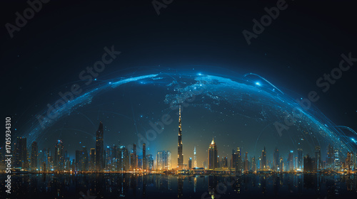 Twilight in the Smart digital Innovation city with connection network reciprocity over the cityscape. of future smart wireless digital city and social media networking systems that connects people