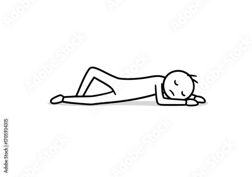 A stick figure lies on its side with eyes closed and hands under its head