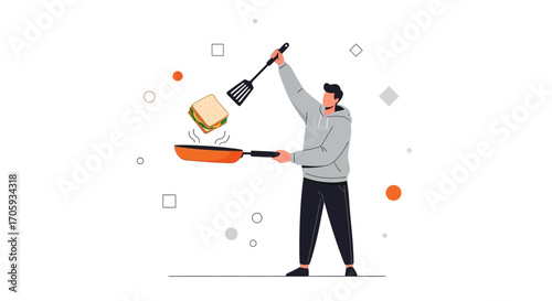 Man Cooking Sandwich In A Pan With A Spatula, Isolated Illustration