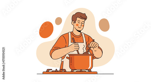 Man Cooks Delicious Meal in Orange Apron, Preparing Food, Cooking Concept Illustration