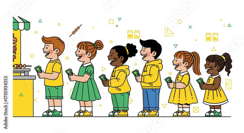 Joyful Children Waiting Patiently in Line at a Food Stall, Ready to Buy Treats
