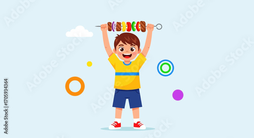 Joyful Boy Holding Skewered Food Above, Celebrating Summer Barbecue Time Fun