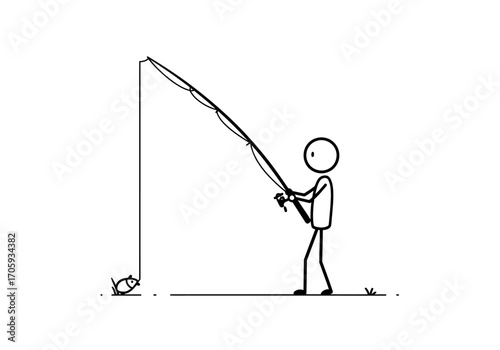 A stick figure person fishing with a caught fish at the end of the line