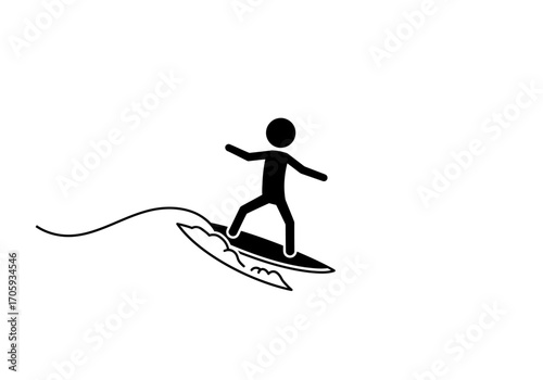 A stick figure surfer rides a wave on a surfboard stylized in black against a white background