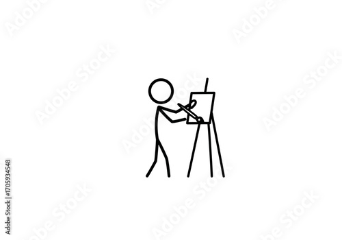 A stick figure stands at an easel holding a paintbrush and painting