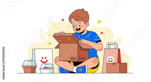 Joyful Boy Opening Delivery Box with Food and Other Delivered Packages Smiling