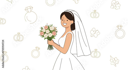 Joyful Bride Celebrating Special Day With Flowers And Rings In Illustrative Celebration
