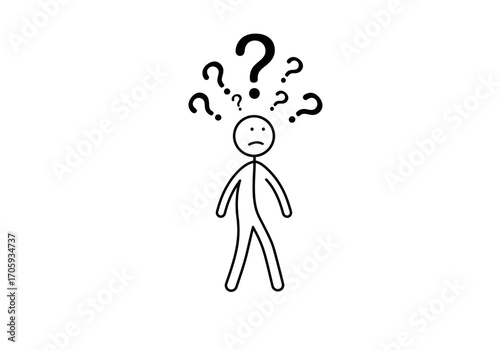 A stick figure with question marks above implying confusion or uncertainty