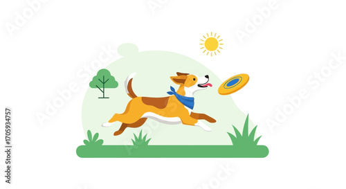 Joyful Canine Plays Fetch In Lush Meadow On A Bright Sunny Day With Toy Frisbee