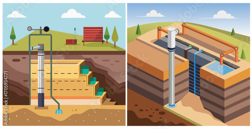 Soil trench with pipe installed for drainage and layered soil structure Vector art design