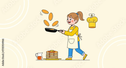 Joyful Chef: Flipping Pancakes While Preparing Breakfast, A Delightful Culinary Scene