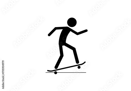 Black stick figure skateboarding with one leg on board arms extended for balance over a line suggesting ground