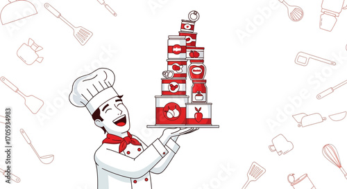 Joyful Chef Presenting a Tower of Dietary Delights with Kitchen Utensil Outlines