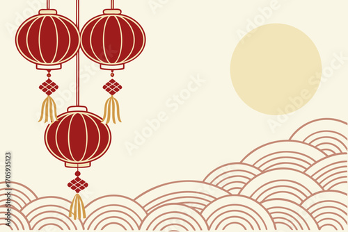 Hanging red Chinese lanterns with golden tassels and wave pattern