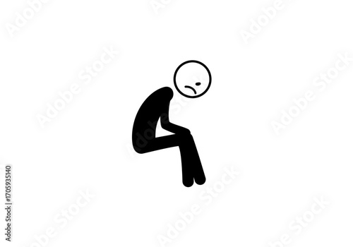 Black stick figure with downturned mouth appears sad sitting