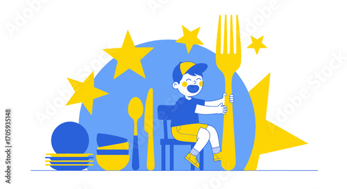 Joyful Child Celebrating Food Holding A Gigantic Fork With Tableware Elements Displayed