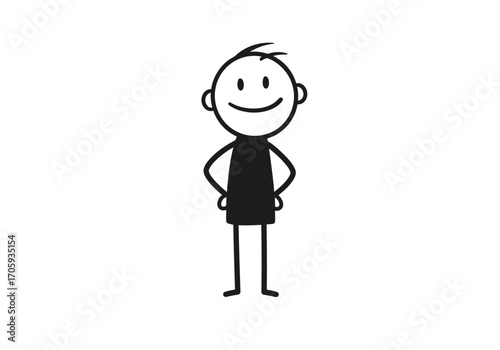 Black stick figure with hands on hips a smiling face and short standing legs