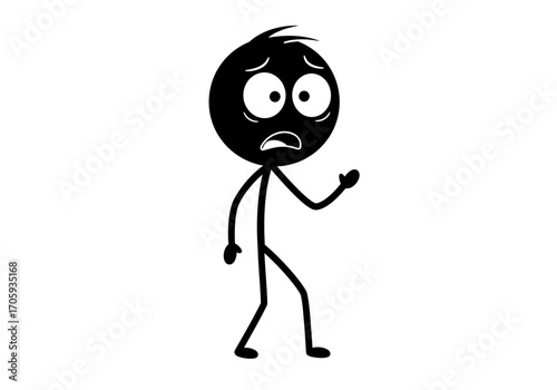 Black stick figure with worried expression and wide eyes One hand is raised