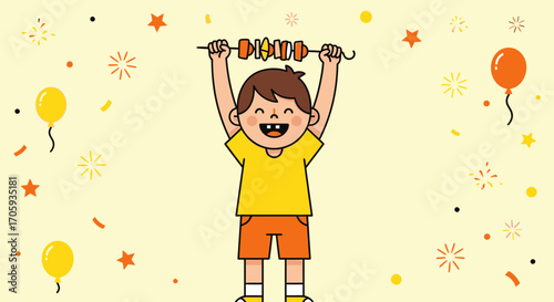Joyful Child Celebrating With Food Skewer and Festive Decorations, Vibrant Illustration