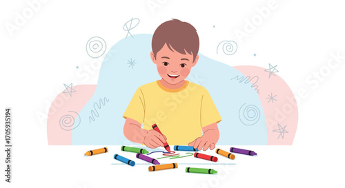 Joyful Child Creates Artwork With Colorful Crayons, Illustrating Creativity and Happy Moments