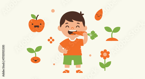 Joyful Child Eats Carrot Surrounded By Animated Fruits And Vegetables Illustration