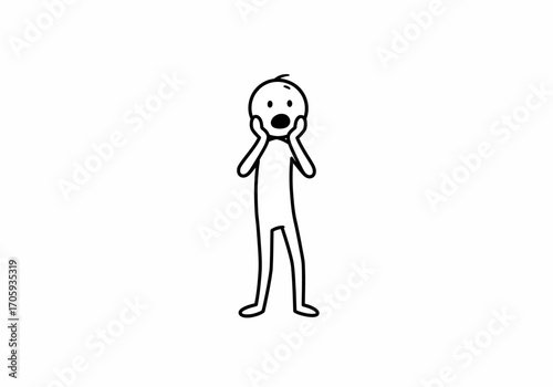 Lineart figure stands aghast hands to face mouth agape eyes wide with surprise