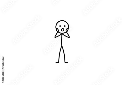 Shocked stick figure with hands on cheeks large mouth and wide eyes