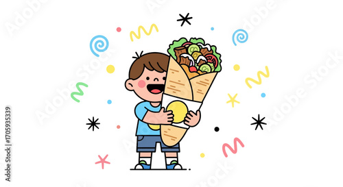 Joyful Child Embracing Delicious Wrap with Celebratory Colorful Decorative Elements