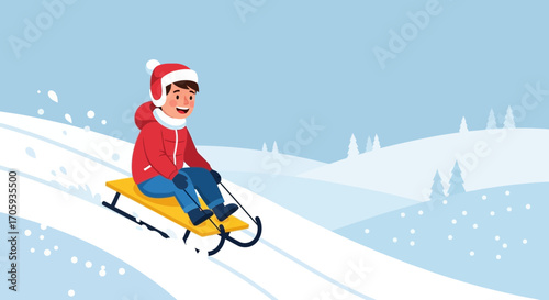 Joyful Child Experiencing Winter's Thrill: Sledding Down Snowy Slopes, Pure Recreation