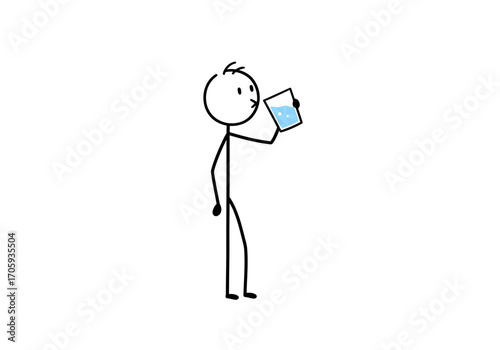Stick figure drinks from a glass with a blue liquid standing on a white background