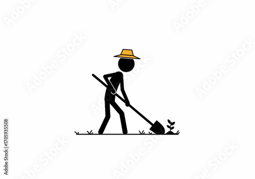 Stick figure farmer plants a sprout wearing a hat and using a shovel
