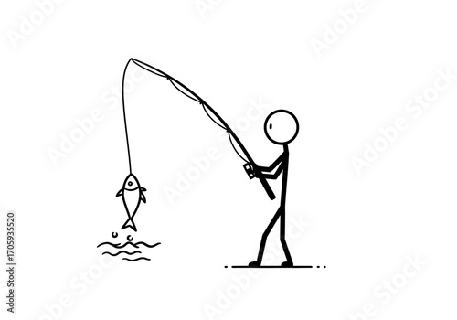 Stick figure fishes lineart image of stick person holding rod with caught fish over rippled water on a line