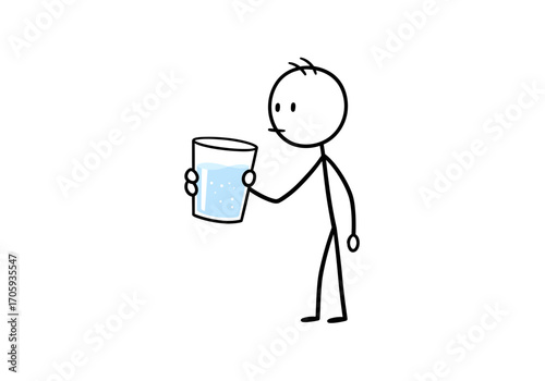 Stick figure gazes at a glass of water holding it in one hand