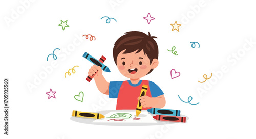 Joyful Child Expressing Creativity Through Colorful Crayons and Artistic Endeavors