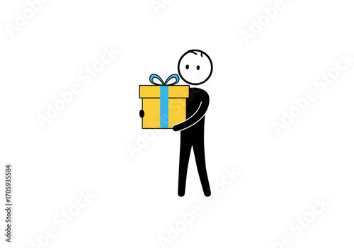 Stick figure holding a yellow gift box with blue ribbon  bow