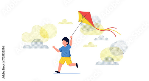 Joyful Child Flies a Kite Against a Whimsical Sky in a Playful Graphical Illustration