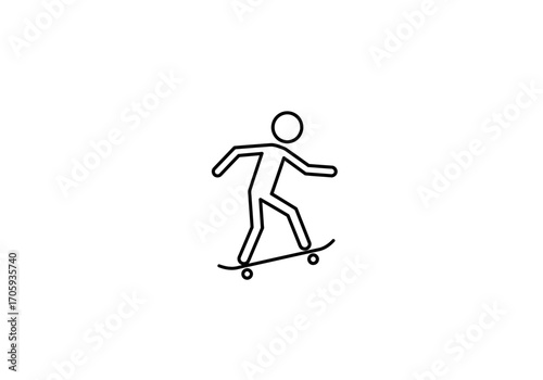 Stick figure rides a skateboard legs bent arms outstretched circle head